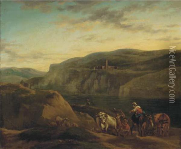 An Italianate Landscape With Shepherds And Their Flocks Oil Painting - Nicolaes Berchem