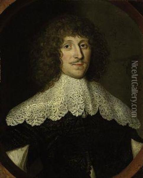 Portrait Of William Cavendish, 
1st Duke Of Newcastle-upon-thyne(1592-1676), Bust-length, In A Black 
Coat And Lace Collar, In Asculpted Cartouche Oil Painting - Sir Anthony Van Dyck