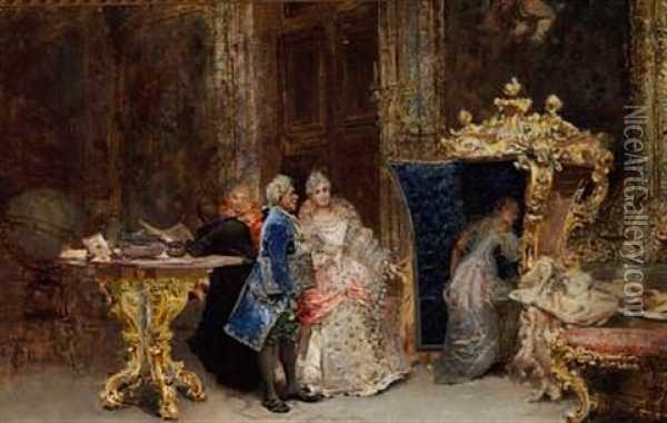 Interior With Elegant People In Rococo Costumes Oil Painting - Sabastiano Guzzone