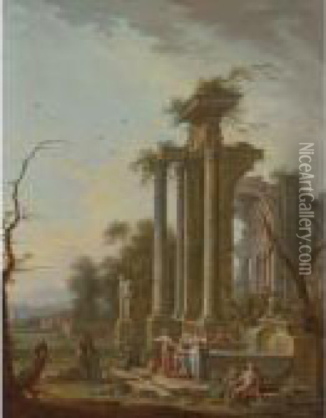 Capriccio With Peasants In Foreground Oil Painting - Hubert Robert