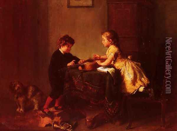 Children Playing with a Guitar Oil Painting - Felix Schlesinger