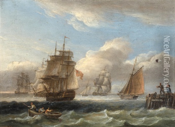 Royal Naval Warship And Other Shipping Off The Coast In Rough Seas (+ A Warship In A Calm; Pair) Oil Painting - Thomas Luny