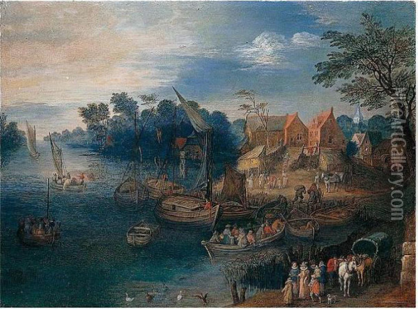 A River Landscape With Travellers Near A Village Oil Painting - Joseph van Bredael