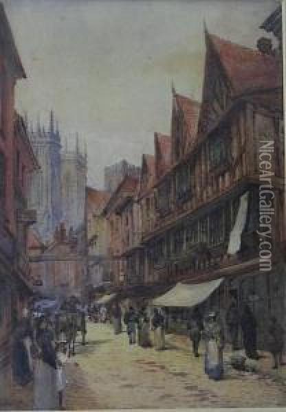 A York Street Scene With The Minster Beyond Oil Painting - William James Boddy