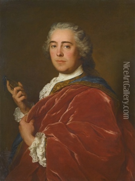 Portrait Of A Gentleman, Wearing A Red Cloak And Holding A Miniature Oil Painting - Jean Marc Nattier