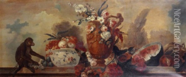 Flowers In An Ornamental Vase, Fruit In A Porcelain Bowl, A Watermelon, Pumpkin And A Pomegranate With A Monkey On A Balustrade Oil Painting - Alexandre Francois Desportes