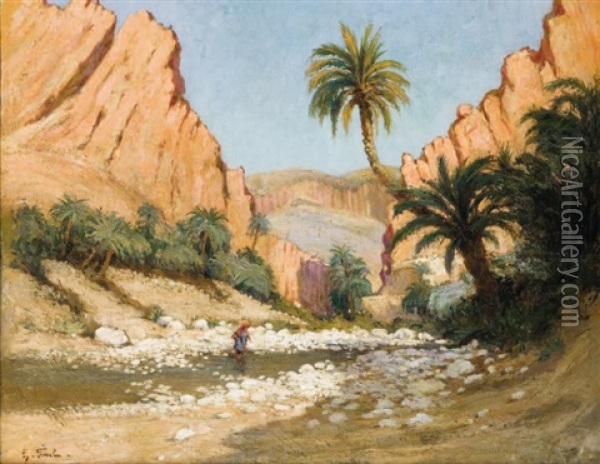 Dans L'oued Oil Painting - Gustave Nicolas Pinel
