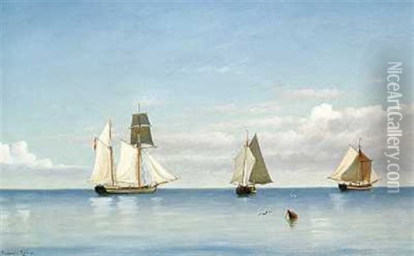 Marine Med Sejlskibe Pa Havet En Vindstille Dag Oil Painting - Emanuel Larsen