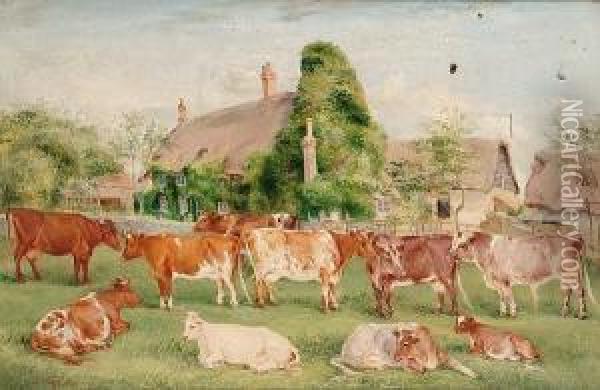 Cows In Landscape Oil Painting - Edwin Frederick Holt
