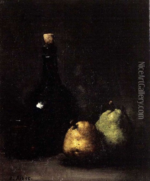 Still Life With Pears And Wine Oil Painting - Theodule Ribot