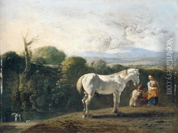 A Landscape With A White Horse And Travellers Resting In The Foreground, Figures Beside A River On The Left (possibly Representing Tobias And The Angel) Oil Painting - Bartholomeus Engels