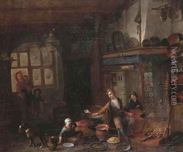 A domestic interior with a family seated by the hearth Oil Painting - Richard Brakenburgh