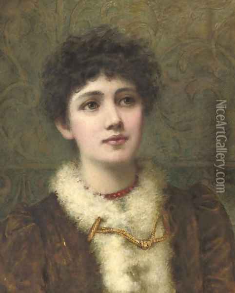 Portrait of a lady, bust-length, wearing a red bead necklace Oil Painting - Helen Jackson