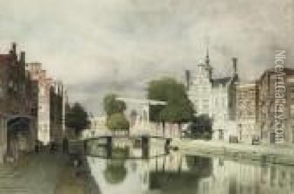 A View On De Oude Delft, Delft Oil Painting - Johannes Christiaan Karel Klinkenberg