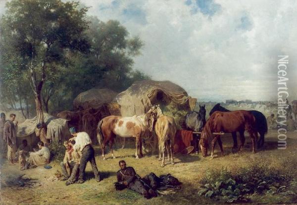 Rast Eines Provianttransportes Des Ostereichischen Heeres Im Krieg 1859 Oil Painting - Franz Adam