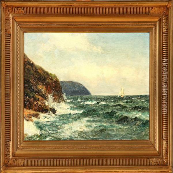 A Sailing Ship Passinga Rocky Coast Oil Painting - Holger Peter Svane Lubbers