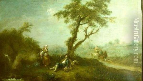Pastoral Landscape With Resting Wayfarer And Travelers On Aroad Oil Painting - Francesco Zuccarelli