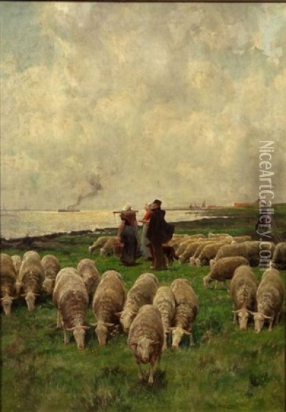 Grazing Flock On The Shore Oil Painting - Frans Van Leemputten