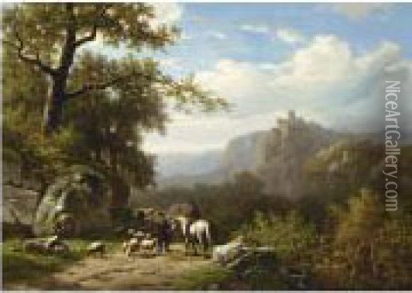 A Wooded Summer Landscape With A Shepherd And A Traveller On Horseback Oil Painting - Alexander Joseph Daiwaille