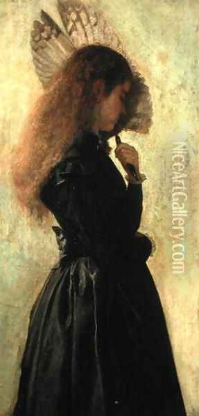 Girl with Fan, 1875-1882 Oil Painting - Frank Huddlestone Potter