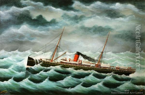 S.s Monowai In A Gale Oil Painting - Frank Barnes