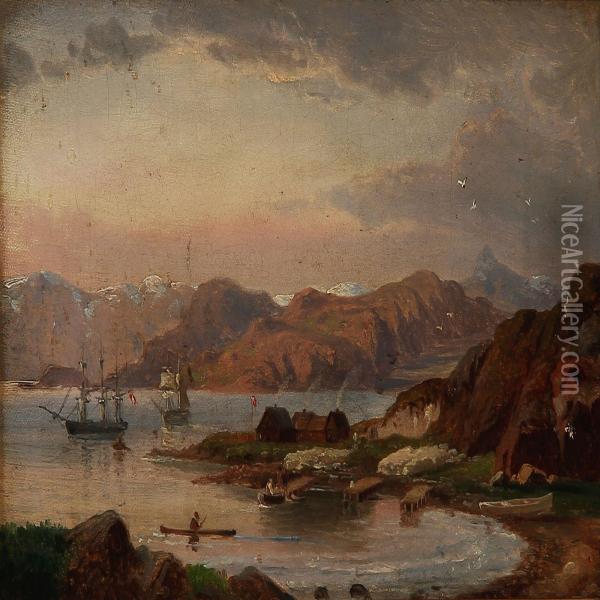 Liner Off A Coast Near A Trading Station Or Settlement, Presumably In Greenland Oil Painting - Anton Melbye