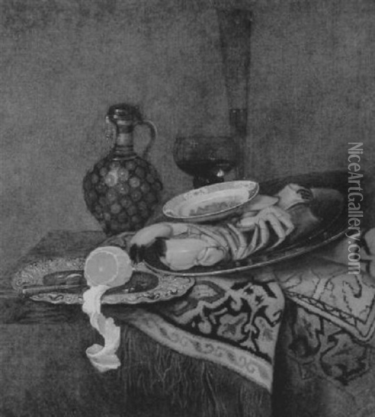 Still Life Of A Lobster, Porcelain Platter, Peeled Lemon On A Silver Plate With A Jug And Glasses Beyond, On A Ledge Draped With An Oriental Rug Oil Painting - Pieter Gallis