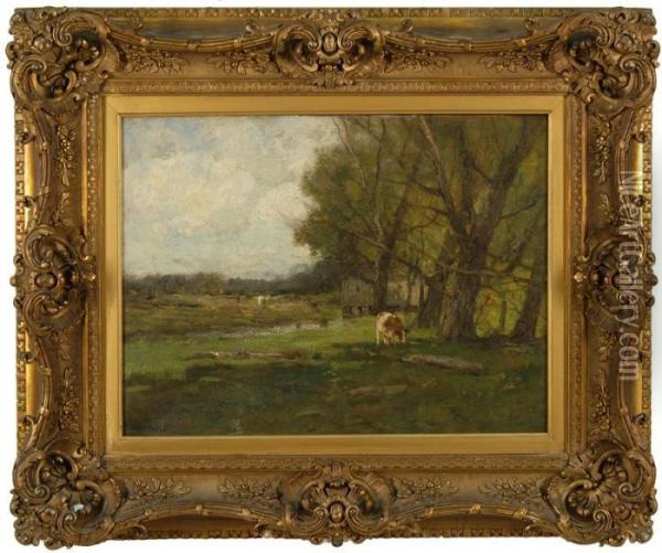 Pastoral Landscape With Cow Grazing Near Trees Oil Painting - Charles Paul Gruppe