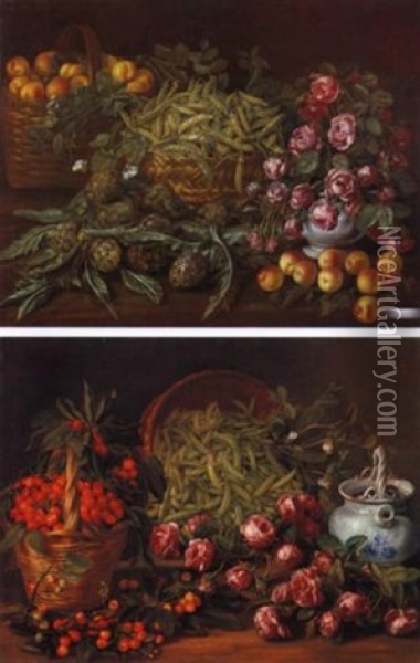 Natura Morta Con Carciofi E Pesche, Cesta Di Pesche, Cesta Di Fagiolini E Vaso Di Rose Oil Painting - Bartolommeo Bimbi