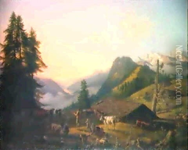 Landschaft Mit Figurenstaffageim Berner Oberland Oil Painting - Johann Rudolf Huber the Elder