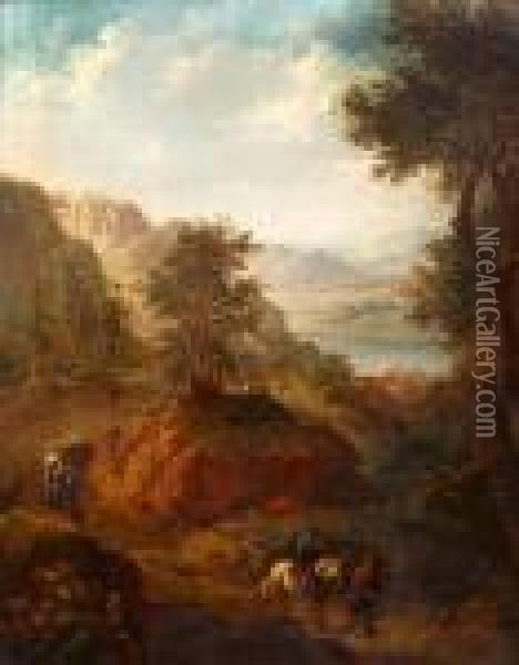 Travellers In A Landscape Oil Painting - Christian Georg Schuttz II