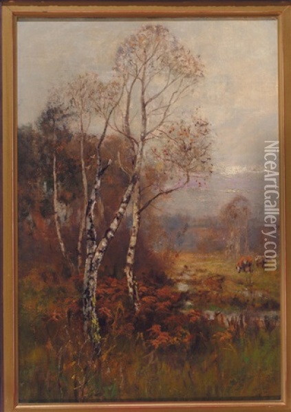 Zwei Birken Neben Lichtung Mit Weidendem Vieh Vor Waldhintergrund Oil Painting - Georges Schreiber