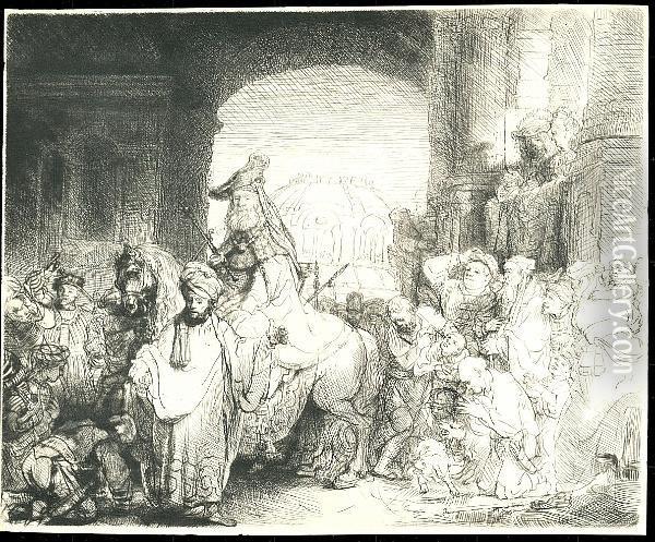 Triumph Of Mordecai (bartsch 40) Oil Painting - Rembrandt Van Rijn