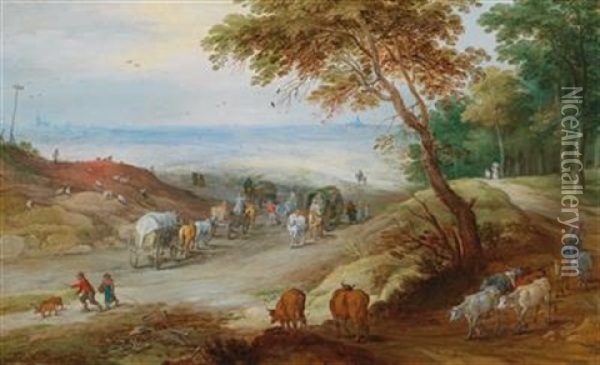 An Extensive Hilly Landscape With Travellers On A Path And Cattle In The Foreground Oil Painting - Jan Brueghel the Younger
