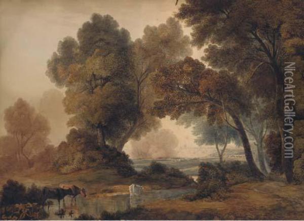 Cattle Grazing In An Extensive Landscape Oil Painting - John Glover