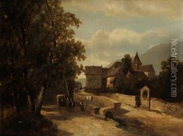 Village Scene Oil Painting - Josef Thoma