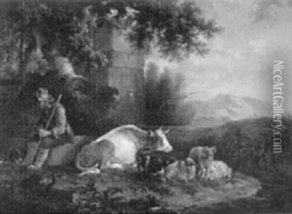Romantische Berglandschaft Mit Einem Hirten Bei Ruhendem Vieh Vor Einem Brunnenmonument Oil Painting - F. T. Renard