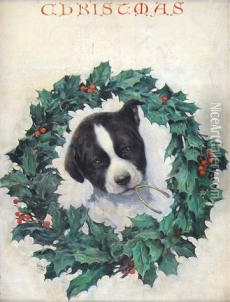 Puppy Holding Wishbone In Mouth Surrounded By Wreath (magazine Cover Illus. For Life) Oil Painting - Warren B. Davis
