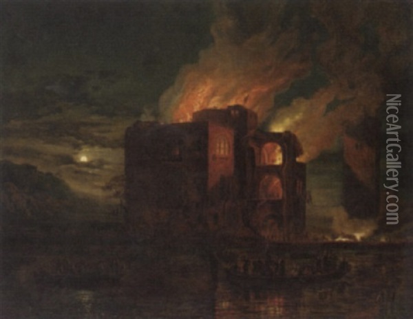 A Building On Fire At Night Oil Painting - Philip James de Loutherbourg
