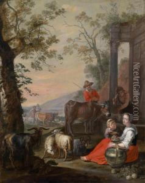 Una Famiglia Di Pastori In Sosta Di Fronte A Una Rovina Ricoperta Di Piante Oil Painting - Abraham Willemsens