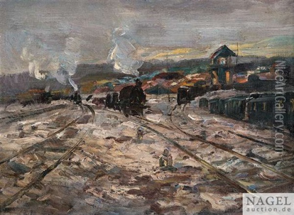 Bahnhof Mit Blockwarterhaus Und Einfahrenden Zugen Oil Painting - Hermann Pleuer