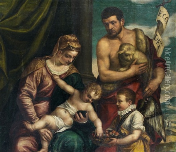 La Vierge A L'enfant Avec Saint Jean-baptiste Et Un Jeune Garcon En Ange Oil Painting - Giovanni Batista Zelotti