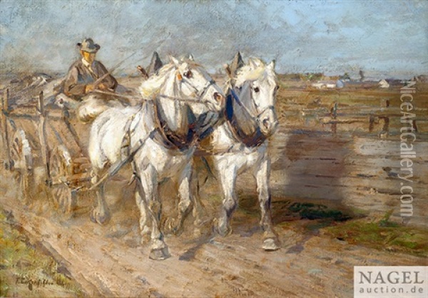 Zwei Schimmel Am Bauernwagen Oil Painting - Friedrich Eckenfelder
