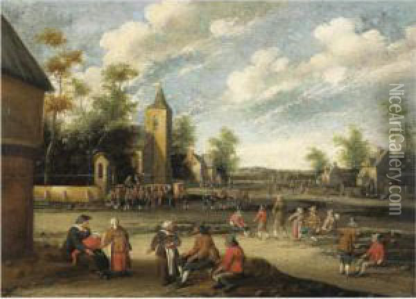 Figures Conversing In A Village Oil Painting - Cornelius Droochsloot