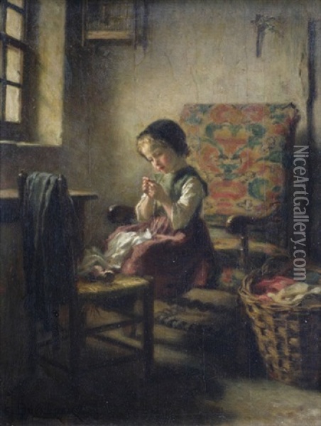 Interieur Mit Einem Kleinen Madchen Bei Der Handarbeit Oil Painting - Theophile Emmanuel Duverger