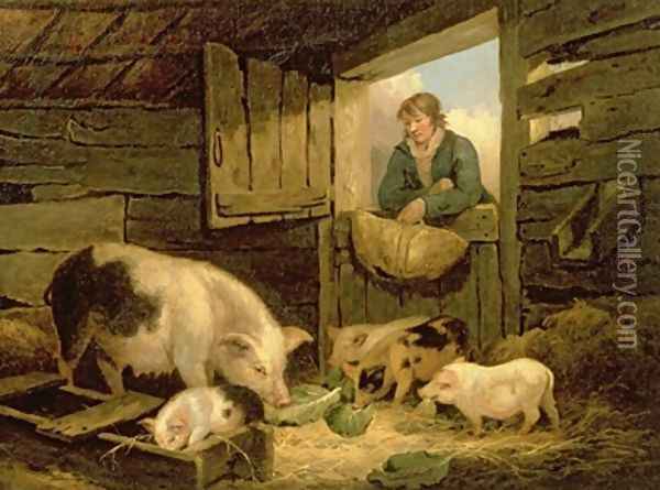 A Boy Looking into a Pig Sty 1794 Oil Painting - George Morland