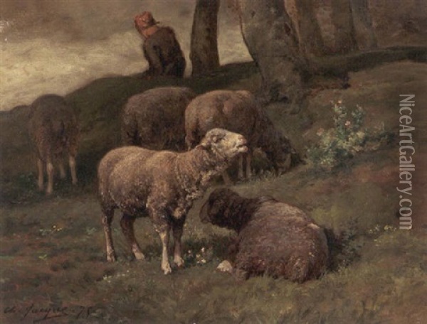 Shepherdess Tending Her Flock Oil Painting - Charles Emile Jacque