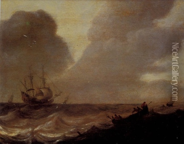 Sailors In A Rowing Boat In Choppy Waters, A Dutch Man-o'-war Beyond Oil Painting - Pieter Mulier the Elder
