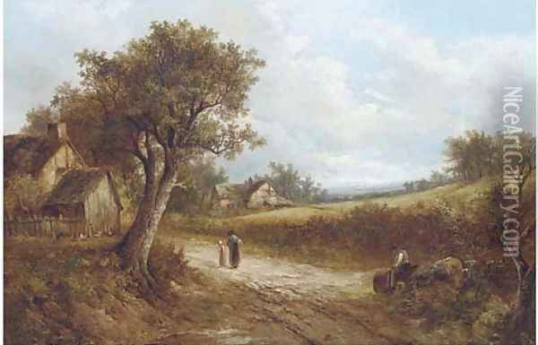 Returning home from the market; and Figures on a track with cottages beyond Oil Painting - Joseph Thors