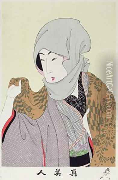 1973-22c Shin Bijin (True Beauties) depicting a woman with a headscarf, from a series of 36, modelled on an earlier series Oil Painting - Toyohara Chikanobu